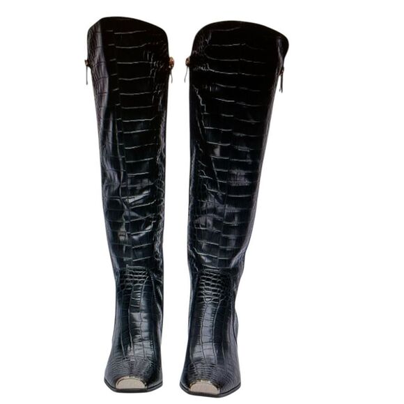 Ninety Nine Black Over the Knee Boots with Textured Finish - Picture 2 of 11